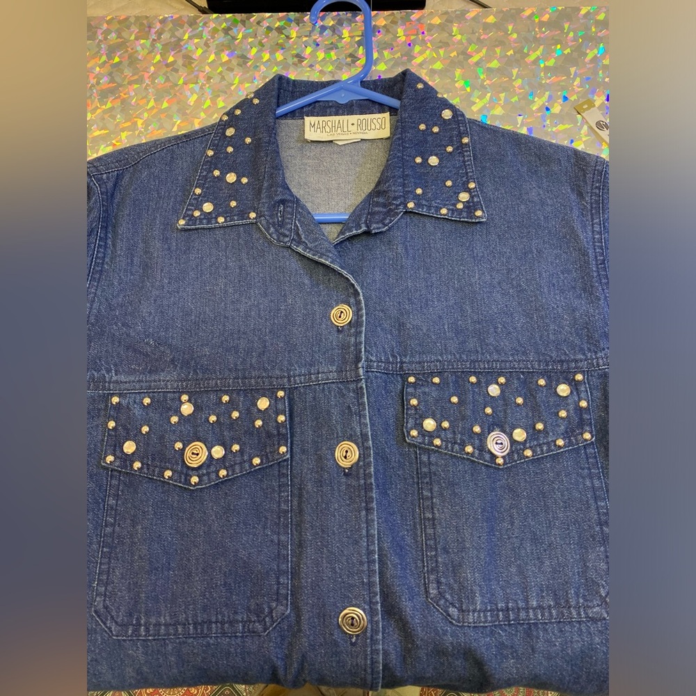 Marshall Rousso Vintage Button Down Denim Shacket Rhinestone Studded SMALL - Picture 10 of 15